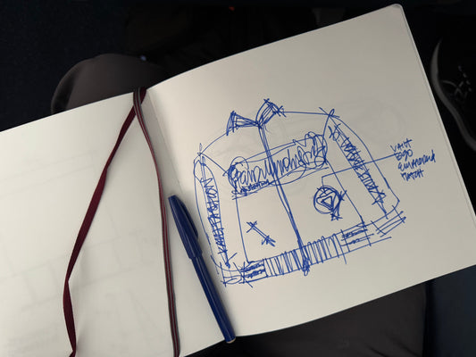 Hand-drawn blue ink sketch of a hoodie design in an open notebook with notes and placement for “Vault” logo and embroidered patch, captured alongside a blue pen and burgundy bookmark ribbon.