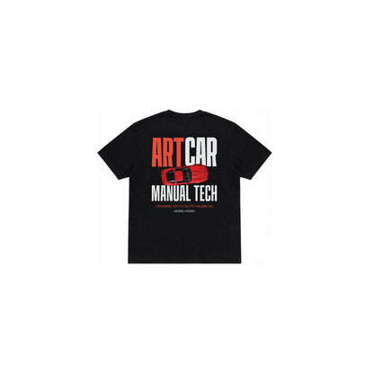Back of the black KCAM Art Car tee with a 12 inch print of the ARTCAR MANUAL TECH lockup and a red art car above Kansas City Auto Museum, 2026 KCMO