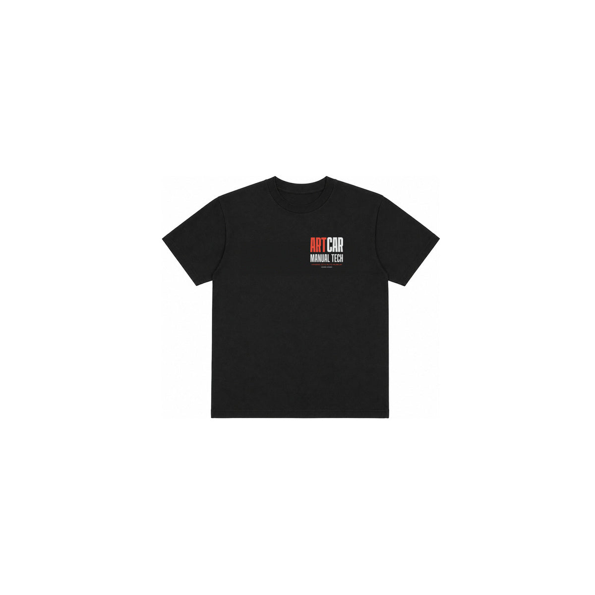 Front of the black KCAM Art Car tee with a 3.5 inch ARTCAR MANUAL TECH print on the left chest