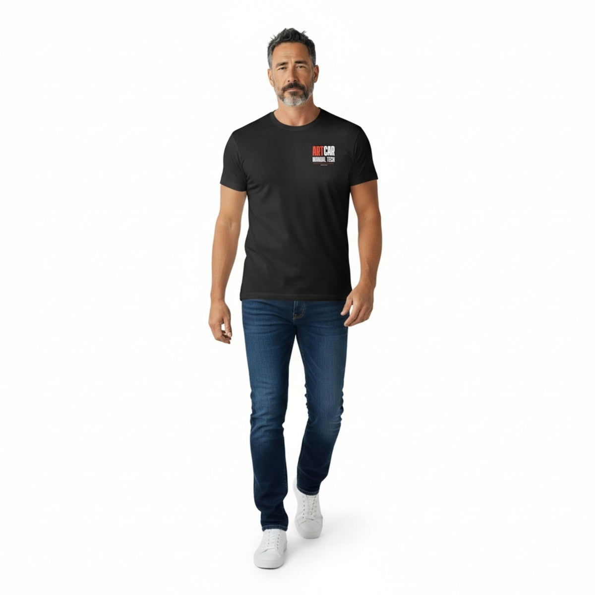 A second model wearing the black KCAM Art Car tee, front view, standing, with the ARTCAR MANUAL TECH print on the left chest
