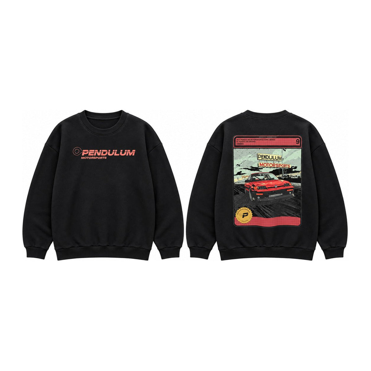The 1991 Honda CRX Turbo crewneck in black shown front and back, with the coral Pendulum Motorsports wordmark on the chest and the comic trading-card panel of a red boosted CRX across the back