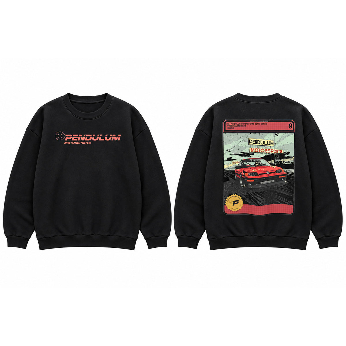 The 1991 Honda CRX Turbo crewneck in black shown front and back, with the coral Pendulum Motorsports wordmark on the chest and the comic trading-card panel of a red boosted CRX across the back