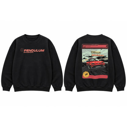 The 1991 Honda CRX Turbo crewneck in black shown front and back, with the coral Pendulum Motorsports wordmark on the chest and the comic trading-card panel of a red boosted CRX across the back