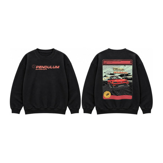 The 1991 Honda CRX Turbo crewneck in black shown front and back, with the coral Pendulum Motorsports wordmark on the chest and the comic trading-card panel of a red boosted CRX across the back