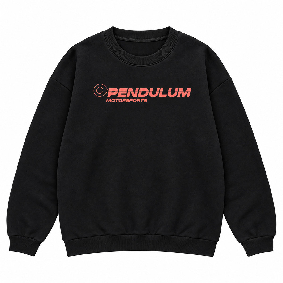 Front of the black 1991 Honda CRX Turbo crewneck with the coral Pendulum Motorsports wordmark across the chest