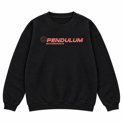 Front of the black 1991 Honda CRX Turbo crewneck with the coral Pendulum Motorsports wordmark across the chest