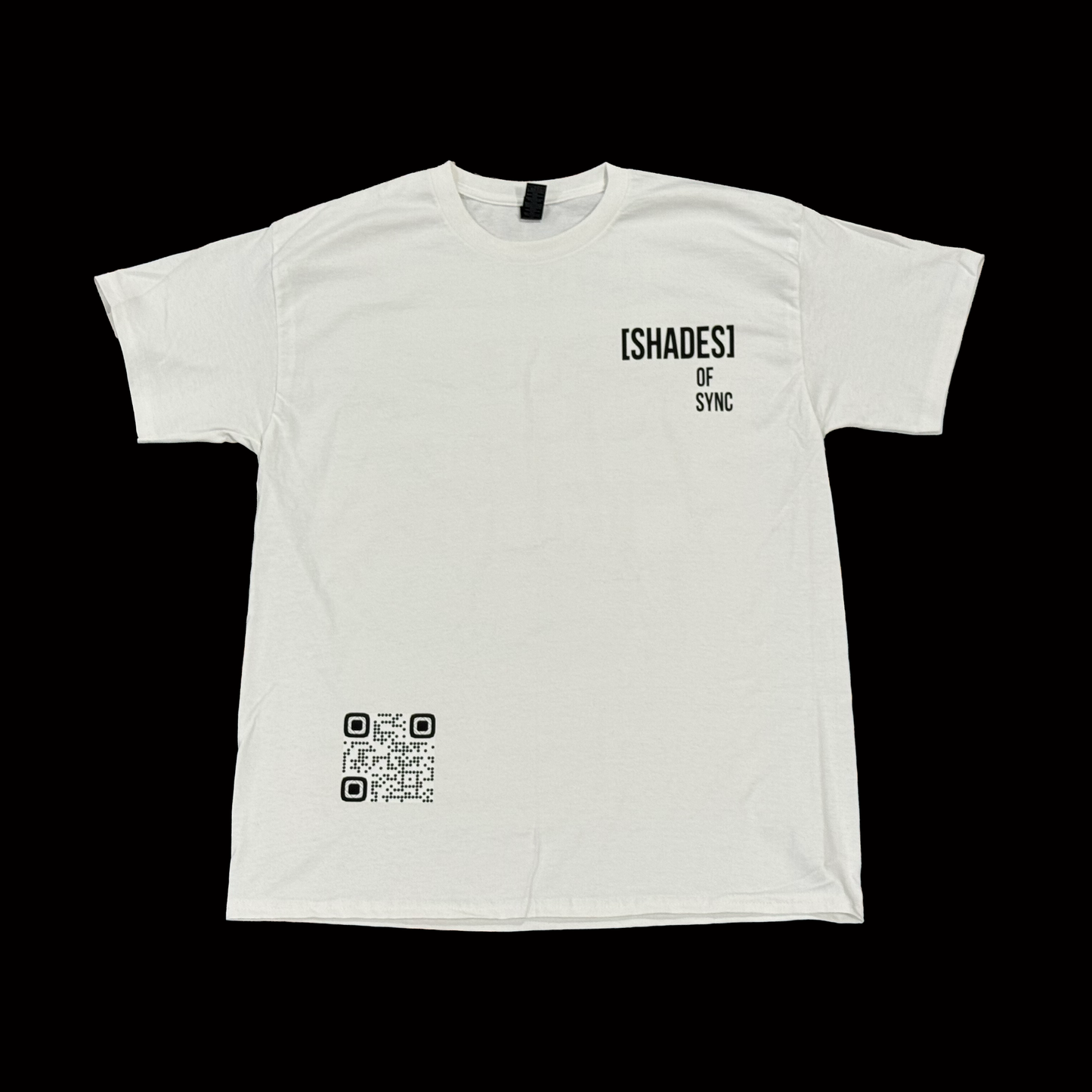 White t-shirt with black text and QR code on a black background