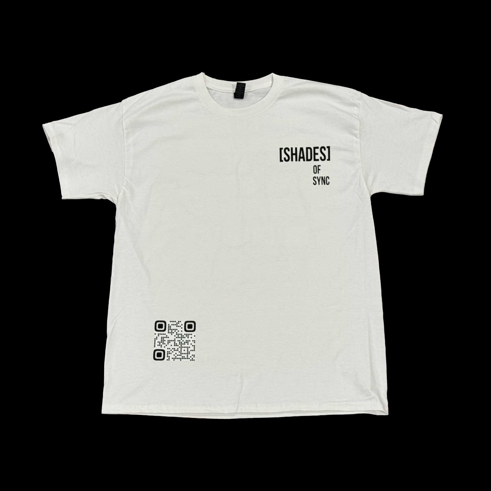White t-shirt with black text and QR code on a black background