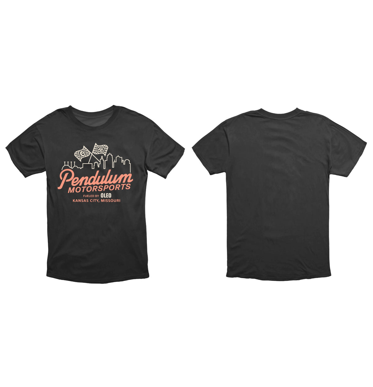 Asphalt Anthem tee in black shown front and back, with the Pendulum Motorsports script, Oleo credit and Kansas City skyline on the chest and a clean back