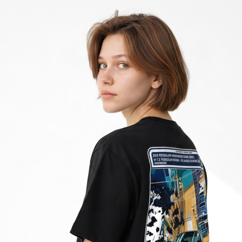 Model wearing the Dodge Ram 150 Slammed tee in black, three quarter back view of the comic card 11 truck panel