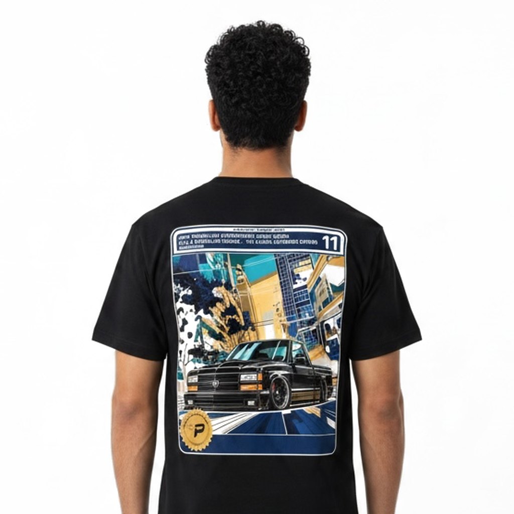 Model wearing the Dodge Ram 150 Slammed tee in black, back view of the comic card 11 truck panel