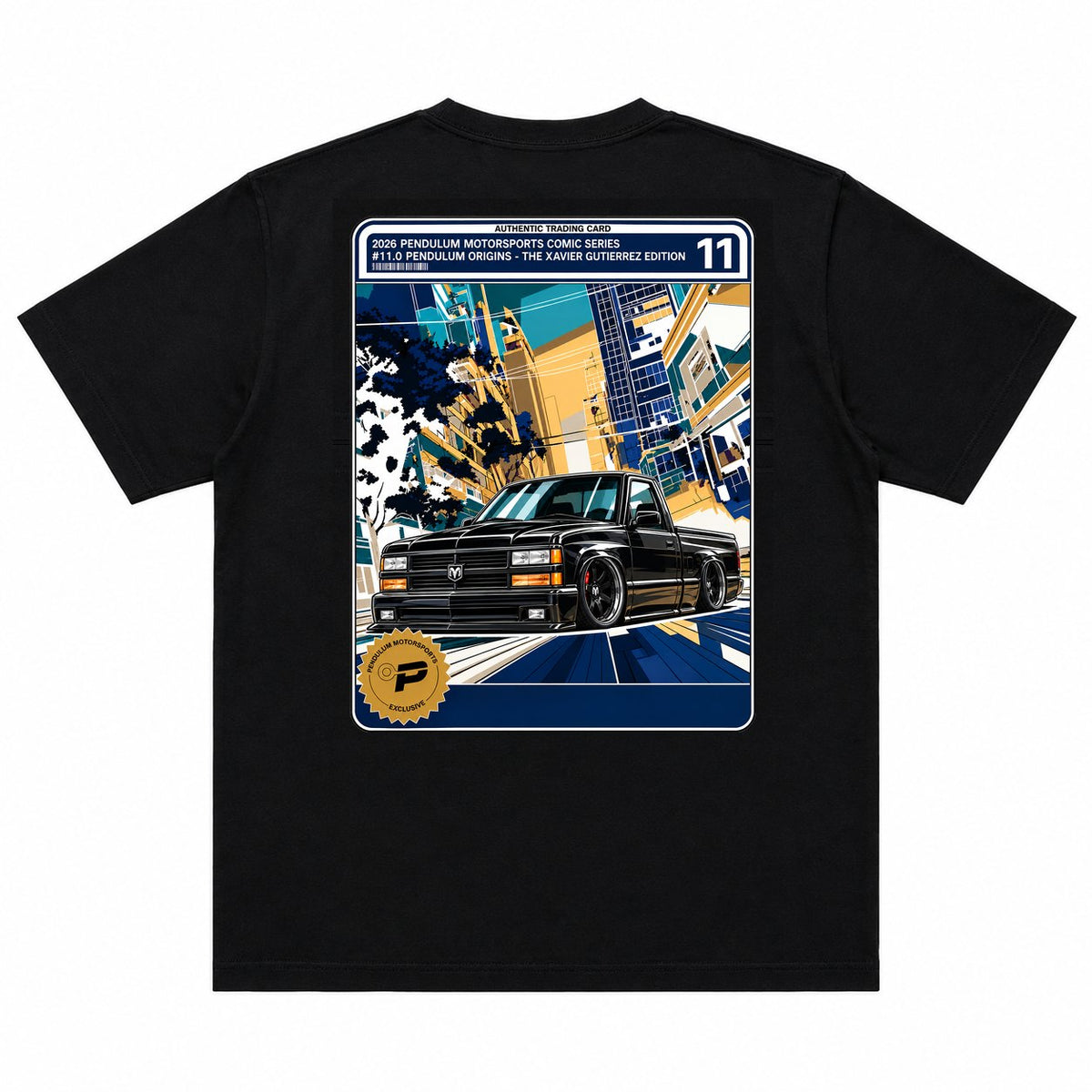 Dodge Ram 150 Slammed tee in black, back view of comic card 11 with a slammed black 1992 Dodge Ram 150 shortbed on a city street