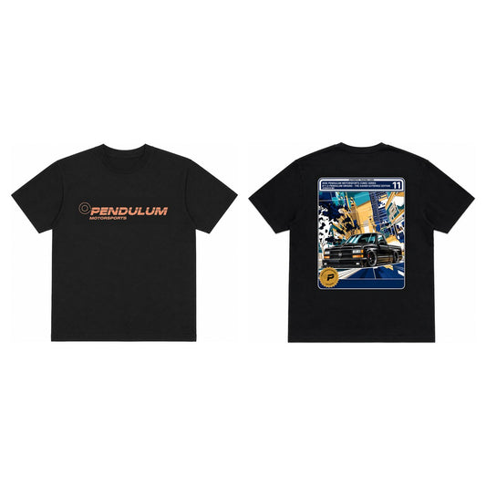 Dodge Ram 150 Slammed tee in black shown front and back, with the orange Pendulum Motorsports wordmark on the chest and the comic card 11 panel of a slammed black 1992 Dodge Ram 150 shortbed on the back
