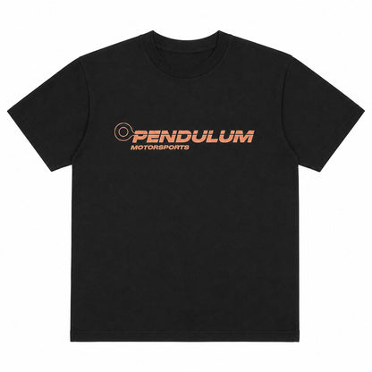 Formula Pendulum tee in black, flat front view with the orange Pendulum Motorsports wordmark