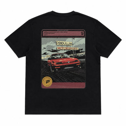 1991 Honda CRX Turbo tee in black, back view of the comic trading-card panel with a red boosted CRX