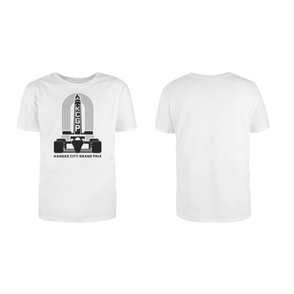 Kansas City Grand Prix Raceway tee in white, front view with KCGP logo