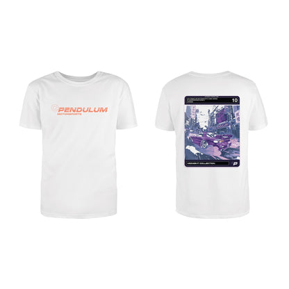 Midnight Run Supra tee in white, front view with purple import car comic graphic