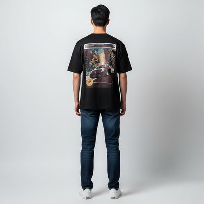 Model wearing the Nissan 300ZX Slammed tee in black, full-length back view of the comic card 9 panel