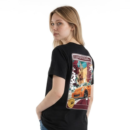Model wearing the Nissan 350Z Nick Monroe Edition tee in black, three quarter back view of the orange comic card 7.5 panel