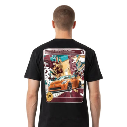 Model wearing the Nissan 350Z Nick Monroe Edition tee in black, back view of the orange comic card 7.5 panel