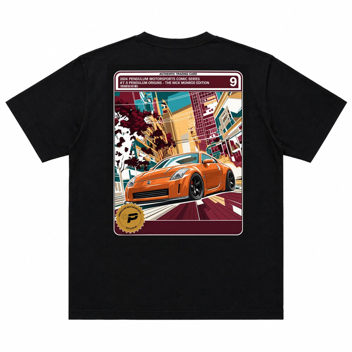 Nissan 350Z Nick Monroe Edition tee in black, back view of the orange comic card 7.5 drawn from Nick Monroe's own 350Z