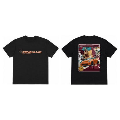 Nissan 350Z Nick Monroe Edition tee in black shown front and back, with the orange Pendulum Motorsports wordmark on the chest and the orange comic card 7.5 panel on the back