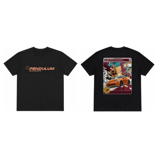 Nissan 350Z Nick Monroe Edition tee in black shown front and back, with the orange Pendulum Motorsports wordmark on the chest and the orange comic card 7.5 panel on the back