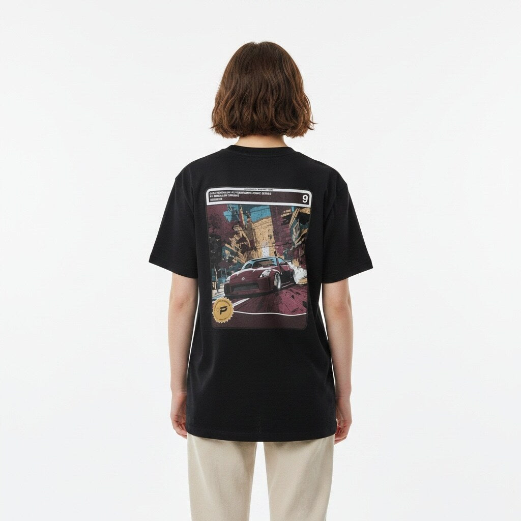 Model wearing the Nissan 350Z Slammed tee in black, back view of the comic card 9 street panel