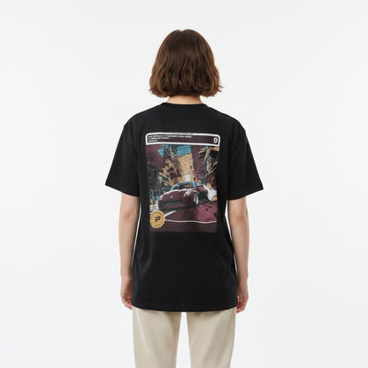 Model wearing the Nissan 350Z Slammed tee in black, back view of the comic card 9 street panel