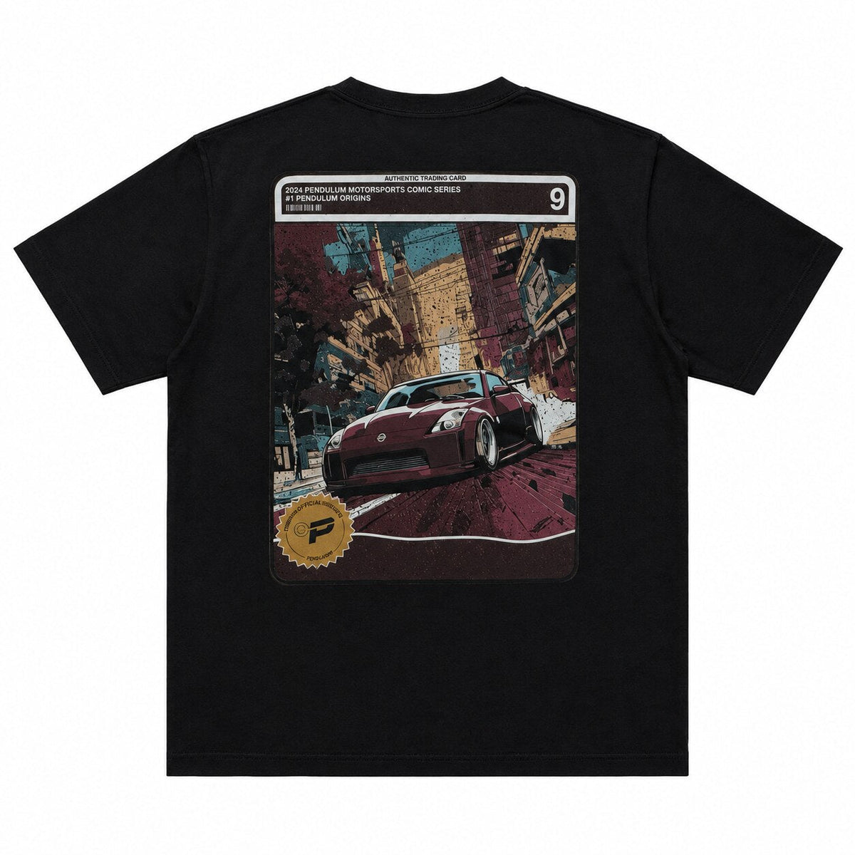 Nissan 350Z Slammed tee in black, back view of comic card 9 with a slammed Z parked on a city street