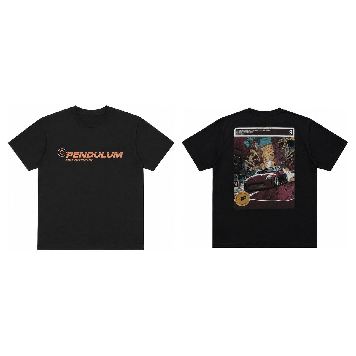 Nissan 350Z Slammed tee in black shown front and back, with the orange Pendulum Motorsports wordmark on the chest and the comic card 9 panel of a slammed Z on a city street on the back
