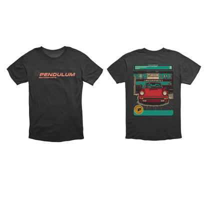 Porsche Garage Royalty tee in black shown front and back, with the orange Pendulum Motorsports wordmark on the chest and the comic card panel of a red air-cooled Porsche 911 on the back
