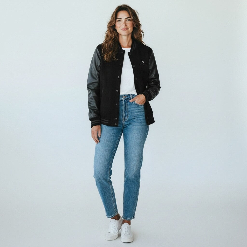 Model wearing the Black Vault Club Jacket over a white tee and jeans, full-length front view