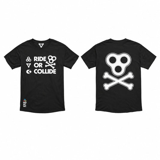 Ride or Collide tee in black shown front and back, with the piston-skull and crossbones lockup on the chest and the oversized stitched Jolly Roger on the back