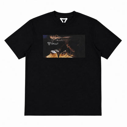 Secure the Vault tee in black, flat front view of the cinematic VAULT photo panel and collar mark